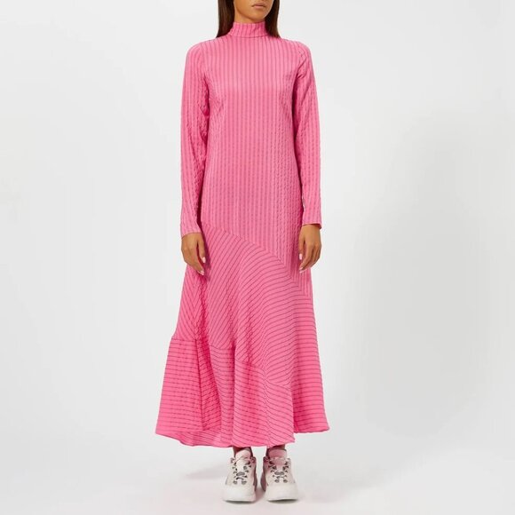 Ganni Lynch Seersucker Midi Dress in Hot Pink Size 4 - Picture 1 of 5